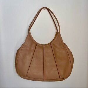 Vintage bohemian natural tan leather pleated hobo bag with shoulder strap